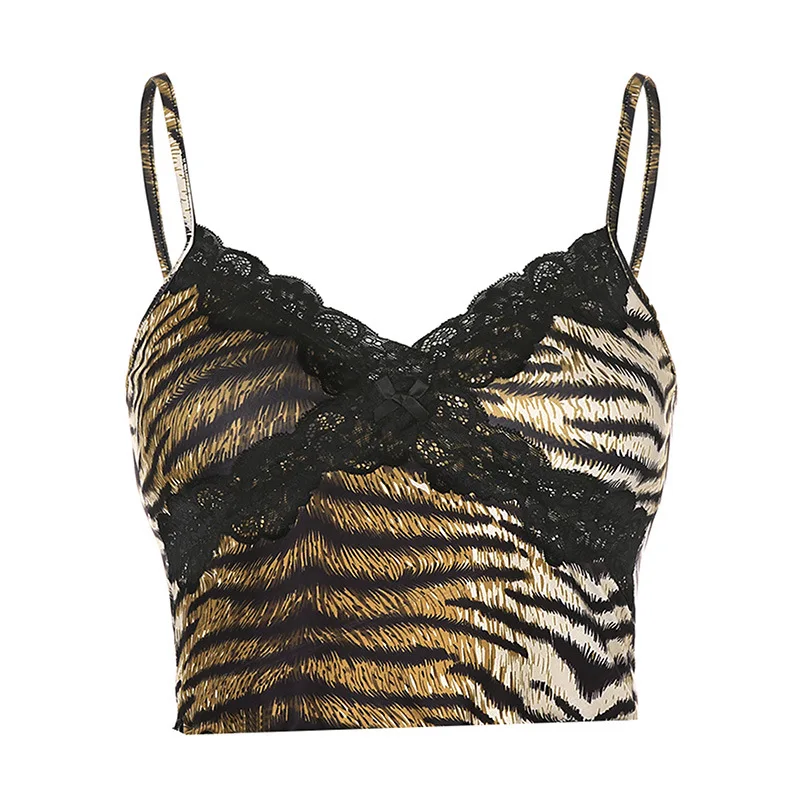 

2021 Backless Women's Short Leopard Print Camisole Bowknot Decoration Summer Animal Print Lace Stitching Sexy Low-cut Top XXL