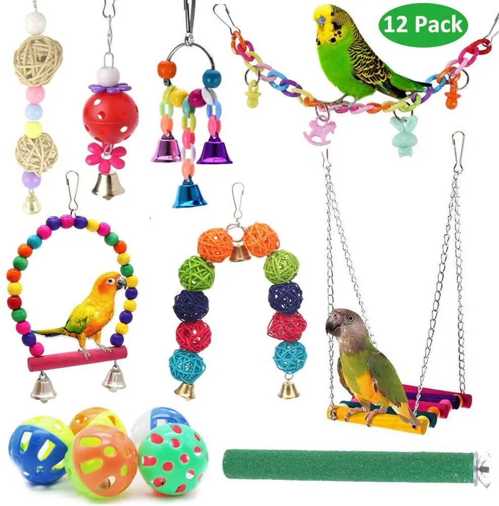

Bird Toys 12 Packs Parrot Swing Toys Chewing Hanging Bell Pet Birds Cage Toys Suitable for Small Parakeets Conures Cockatiels