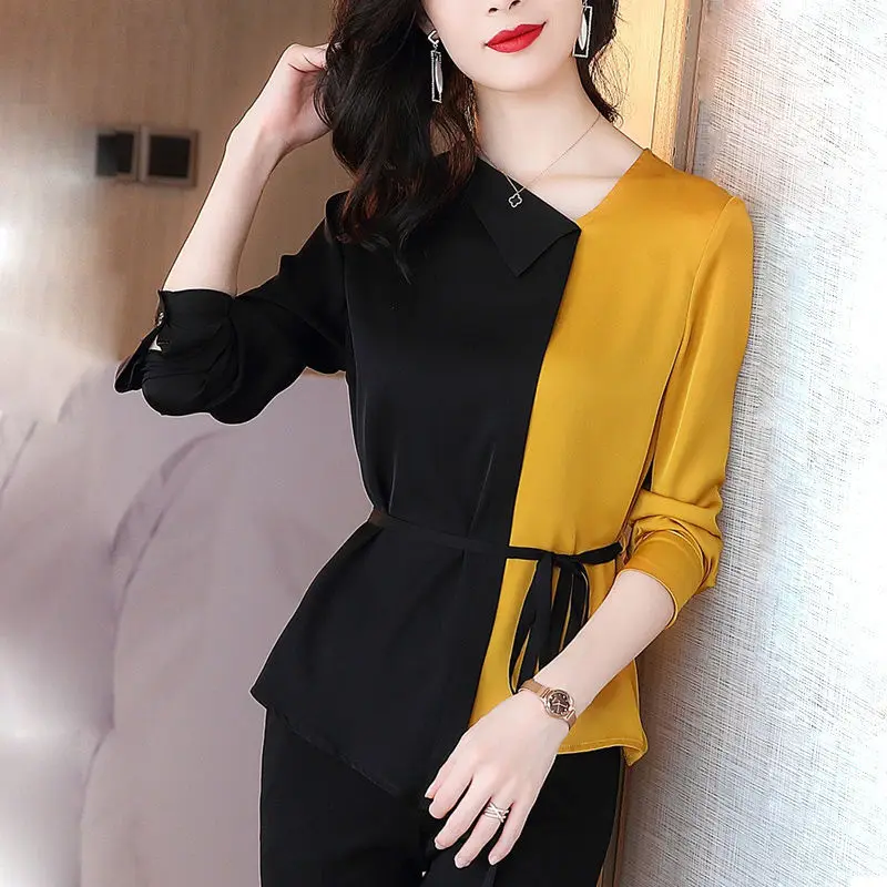 

Imitation silk shirt women's long-sleeved spring 2021 new fashion loose top V-neck casual shirt