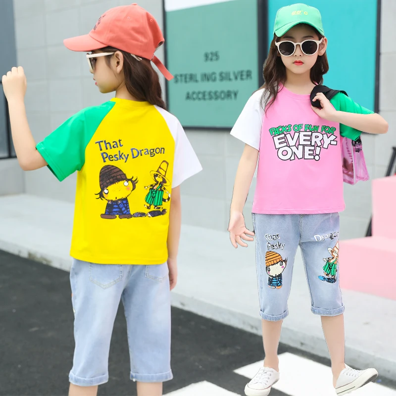 Джинсовые шорты и футболка для девочек комплект из двух предметов | Детская