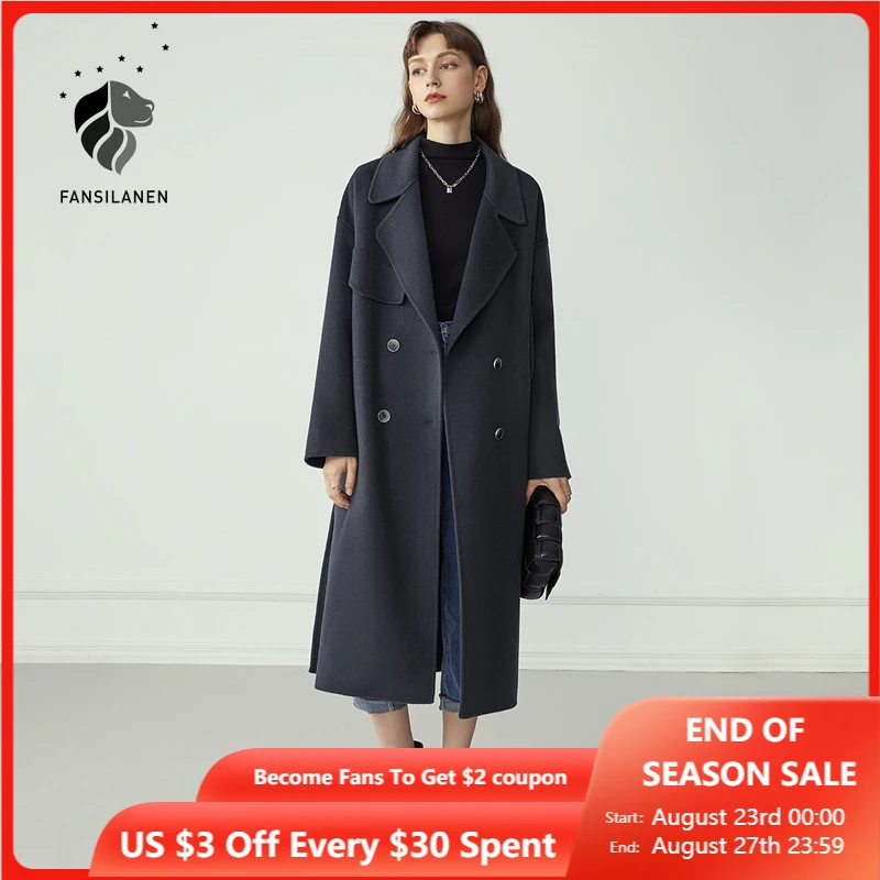 Женское двубортное кашемировое пальто fansilamen Элегантное длинное из 100% шерсти