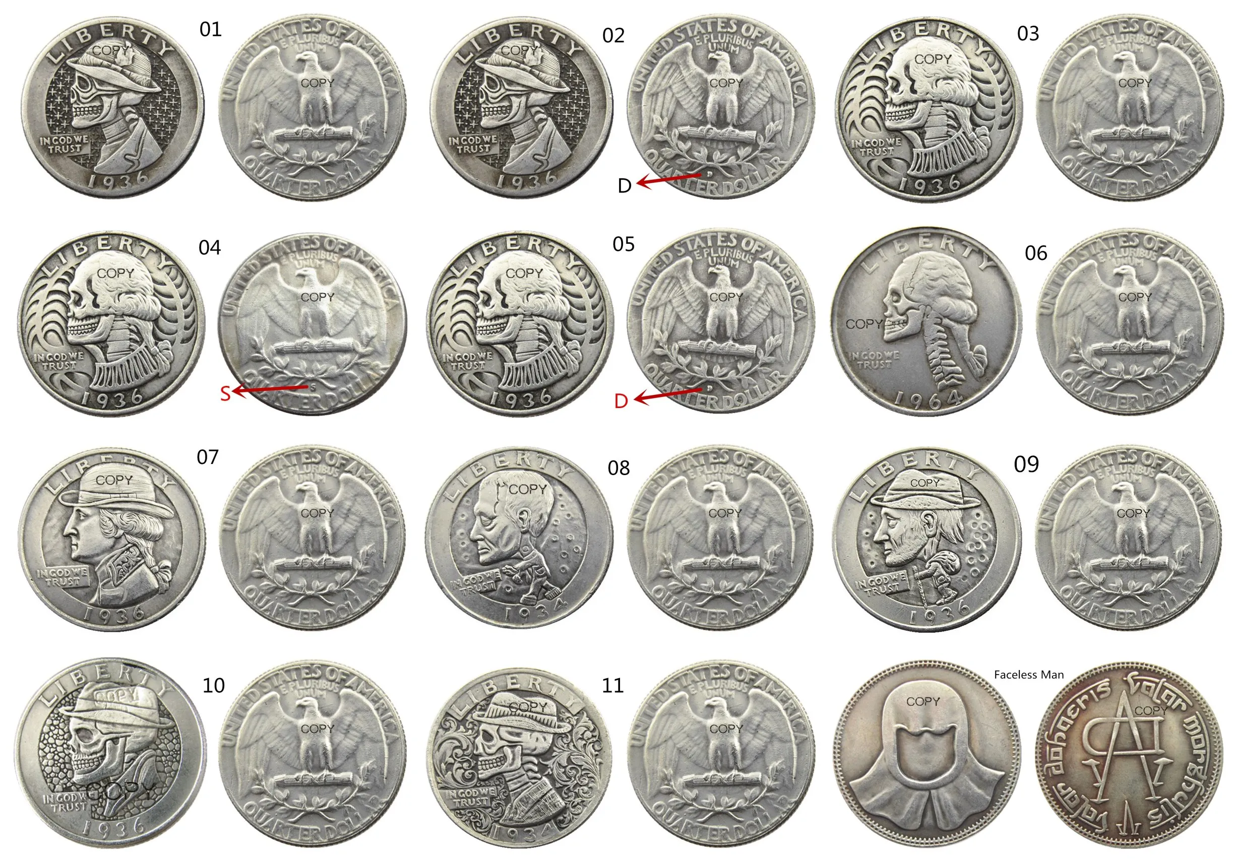 US Hobo Mix 12 шт. разные типы искусственные доллары Безликий человек Череп Скелет