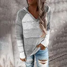 Женский вязаный свитер с капюшоном, повседневный Повседневный лоскутный свитер с V-образным вырезом и длинными рукавами, размера плюс, Осень-зима