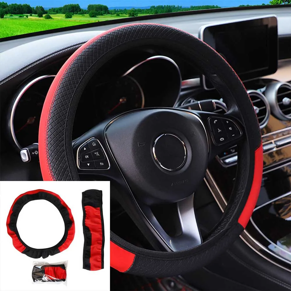 

1Pcs Car Steering Wheel Cover Leather Breathable Anti-Slip 37-38CM Car Steering Wheel Covers Car Interior Accessories Red