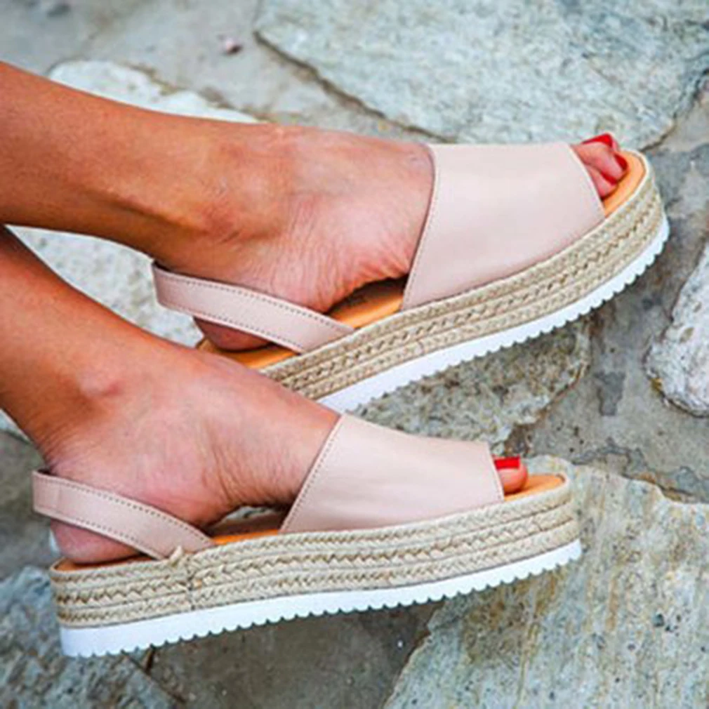 

Ladies Summer Flat Platform Sandals Woven Thick-Bottom Slippers Peep Toe Solid Wedges Women Roman Shoes Sandals Sandalias Mujer