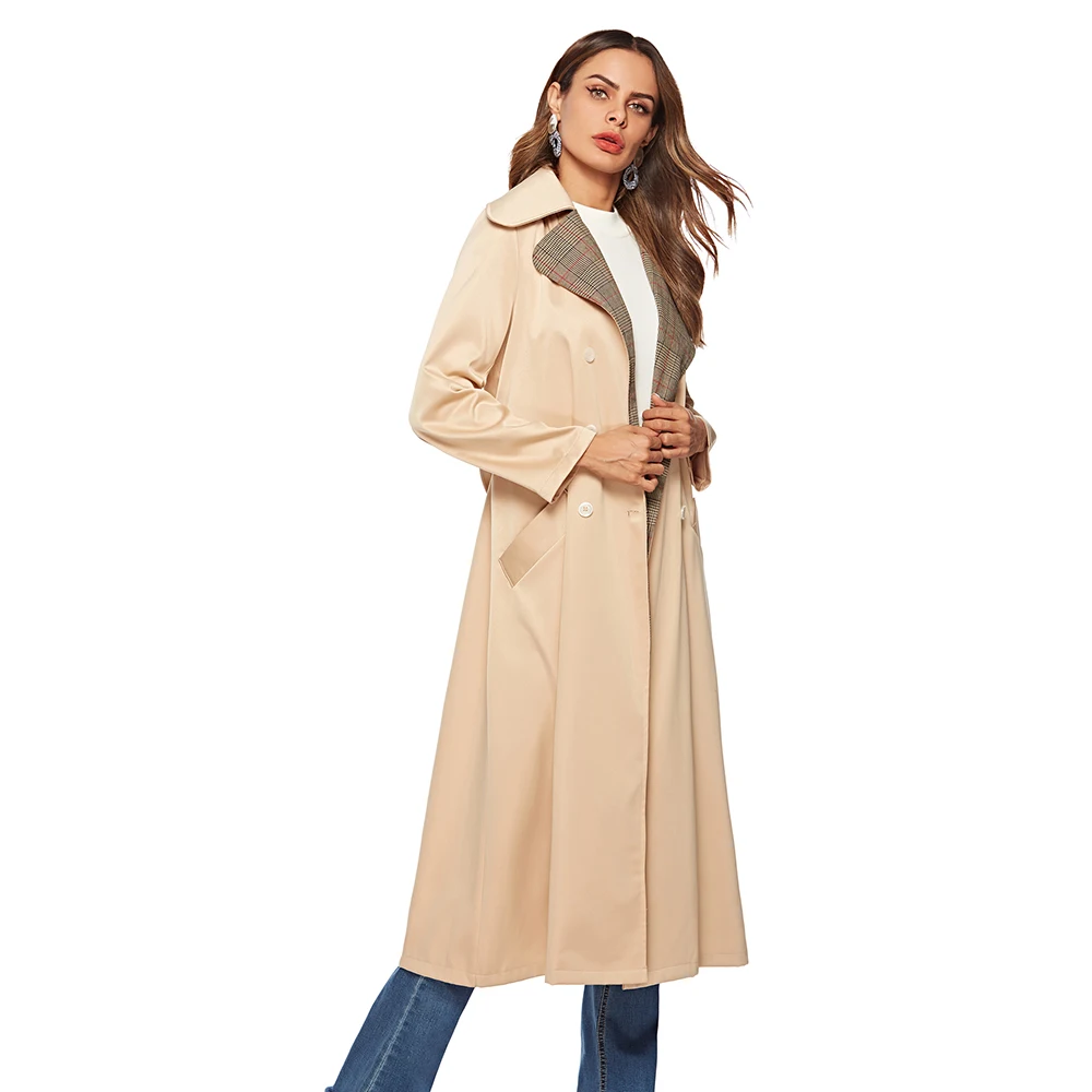 

Autumn Winter Women's Casual Trench Coat Turn Down Collar Long Sleeve Khaki Double Breasted Outwear Long Trench Belt Overcoat