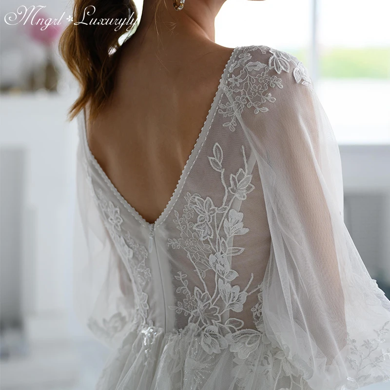 

Luxury A-Line Tulle Wedding Dresses Hand-embroidered lantern Sleeve Backless Gowns V-neck Sexy High Split vestidos de novia