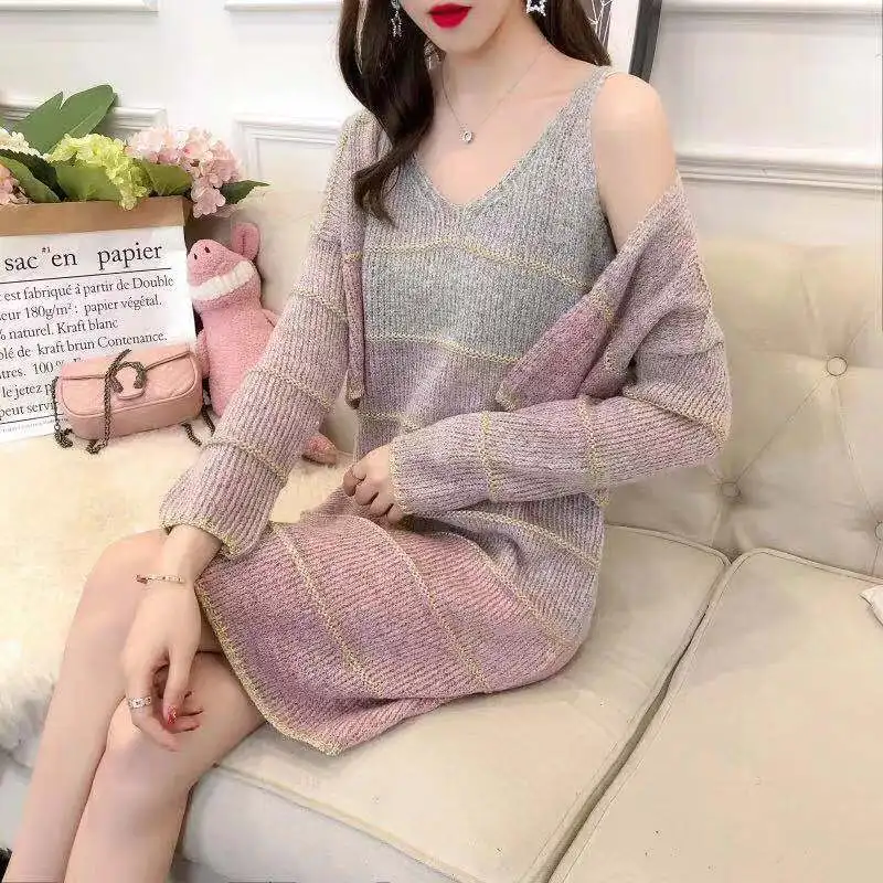 

Autumn New Sweater Dress Women Thick Two-piece Loose Suit Korean Knit Sweater Lazy Style Cardigan Jacket
