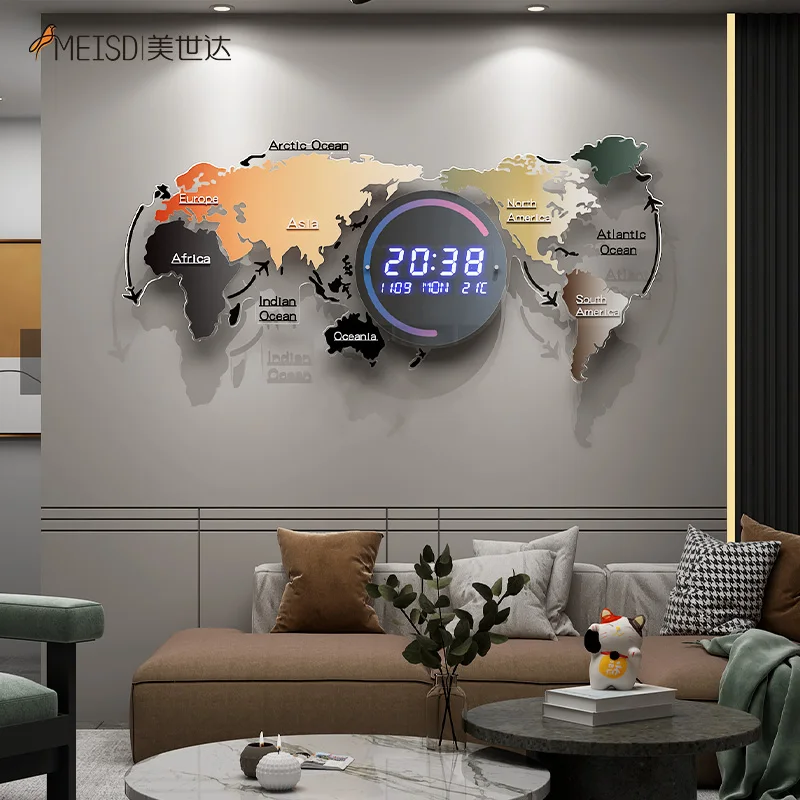 MEISD-Reloj de pared Digital con mapa del mundo electr&oacute;nico, reloj inteligente decorativo grande con calendario, term&oacute;metro, decoraci&oacute;n del hogar, Horloge azul F-0