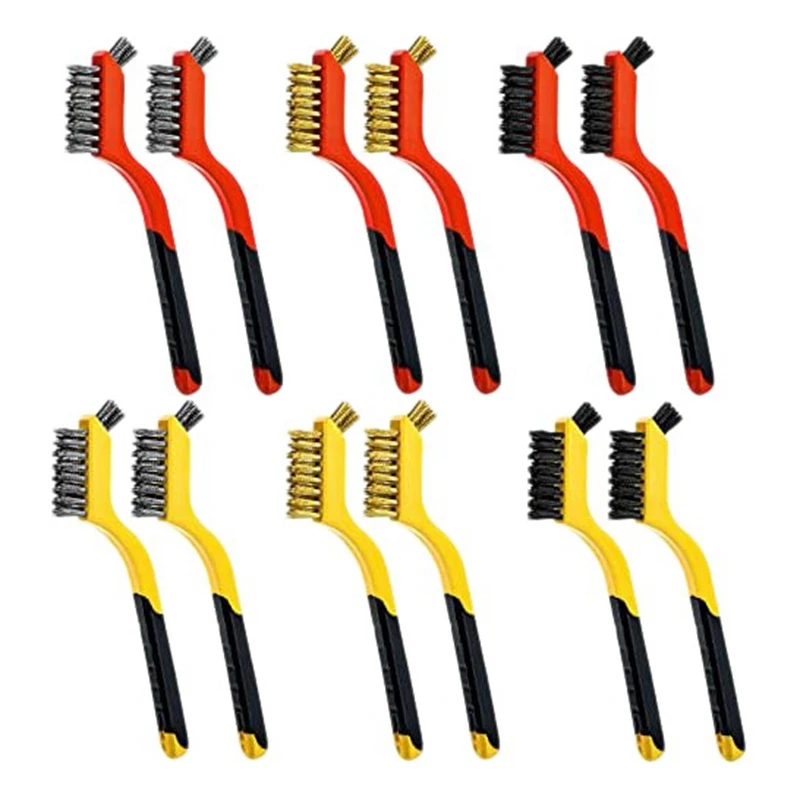 

12Pcs 7 Inch Wire Brush Set Nylon/Brass/Stainless Steel Bristles with Curved Handle Grip for Rust Dirt & Paint Scrubbing