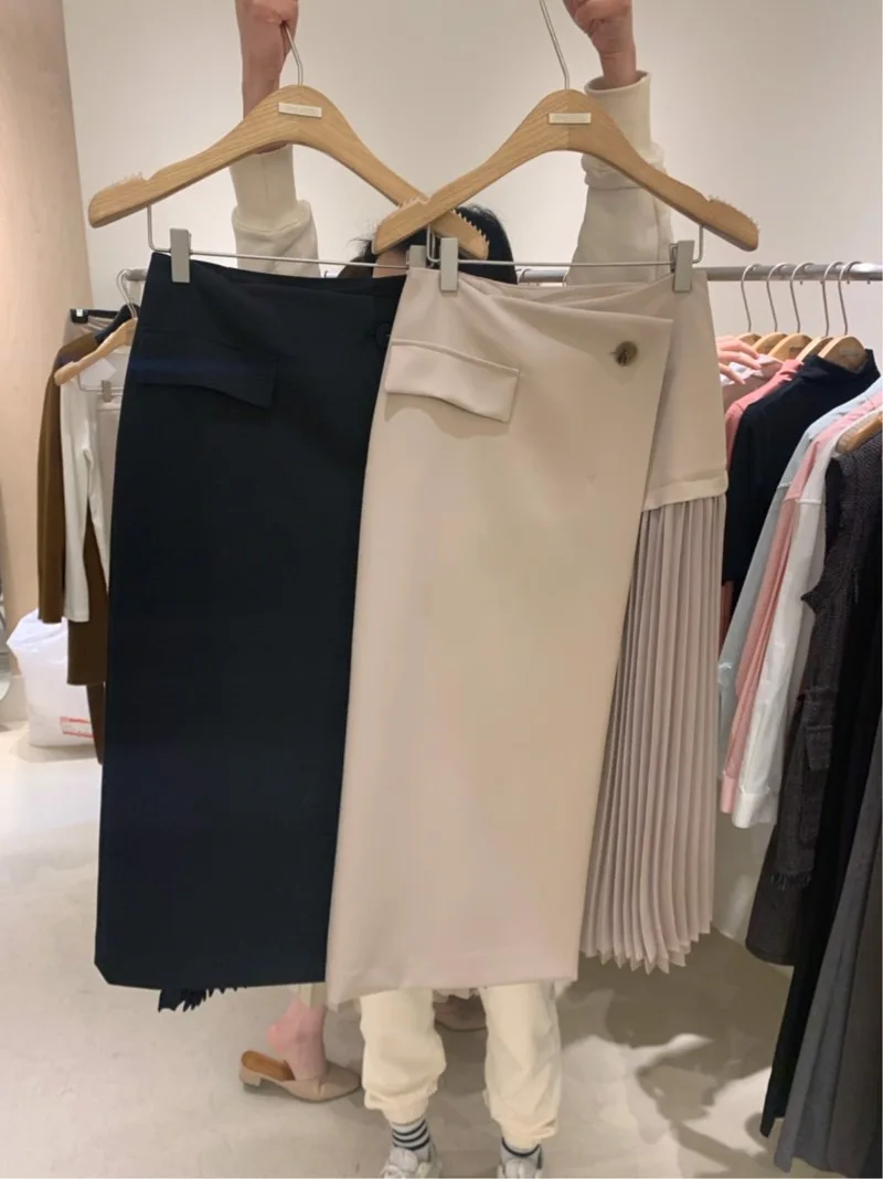 

Spring Korean Fashion Patchwork Pleated Skirts Womens Temperament Slim All Match Mujer Faldas 2021 New Irregular Femme Jupe