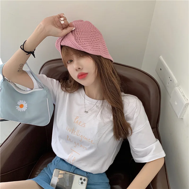 

2021 Summer New Fashion Women T-shirts White Loose Bottoming Ladies Tees 100% Cotton Tshirts Letter Printing Short Sleeve Tops