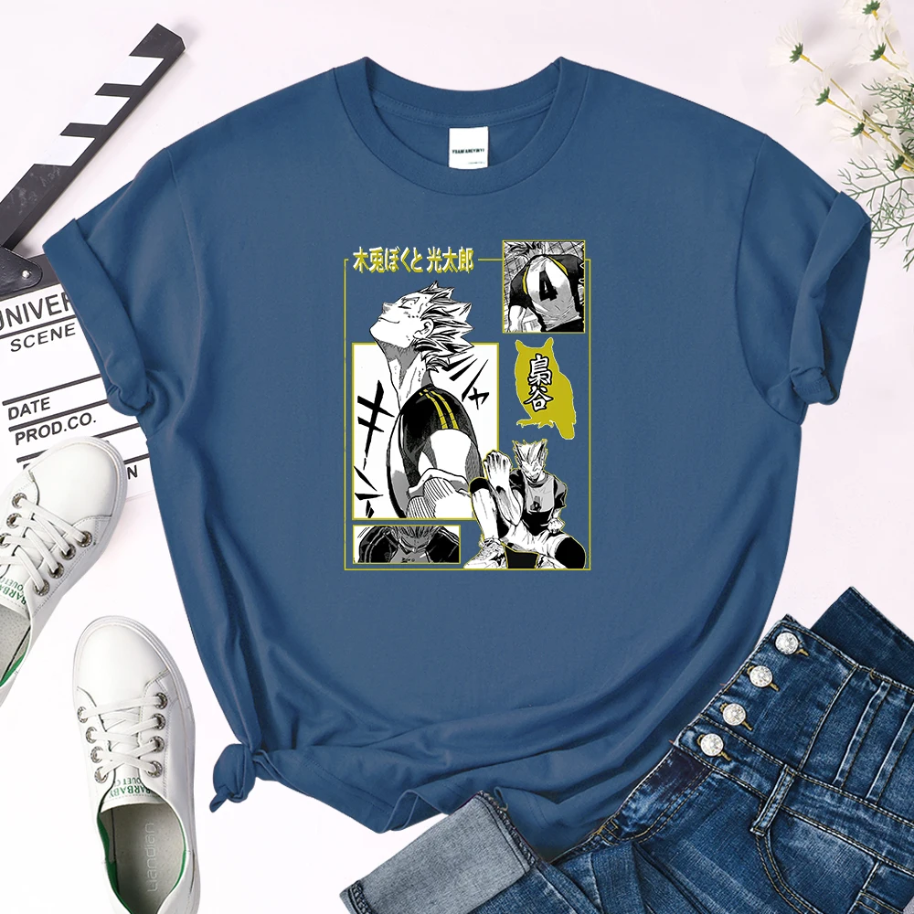 

Anime Haikyuu!! Kotaro Bokuto Cartoon Print T-Shirts Women Oversized Loose Soft Top Japan Round Neck Breathable Female Slim Tees