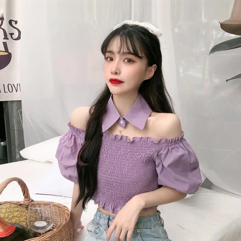 

2021 Summer New Korean Style Blouse Women's Slash Short Casual Top Puff Sleeve Bow Patchwork Shirrt Sweet Clothing Korea Tops