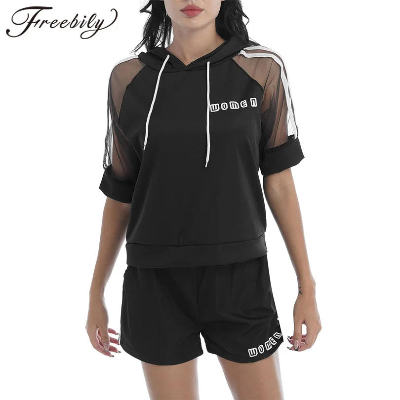 

Sexy Women Summer Sport Suit Running Gym Fitness Tracksuits Casual Mesh Half Sleeves Hooded Hoodie T-shirt Top+Shorts Sports Set