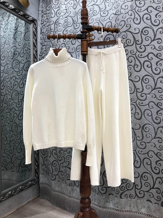 

2020 autumn and winter new fashion women's high-neck solid color long-sleeved top + drawstring trousers 2-piece set 120