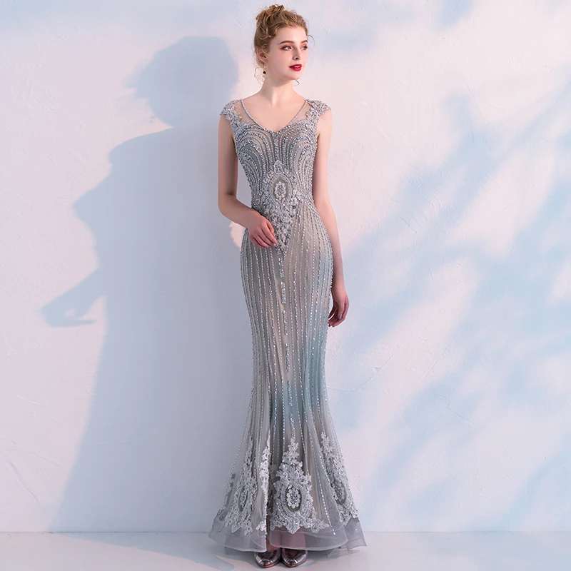 

Luxury Grey V-neck Crystal Beading Lace Robe De Soiree Sexy See Through Mermaid Formal Evening Dresses Long Prom Dresses