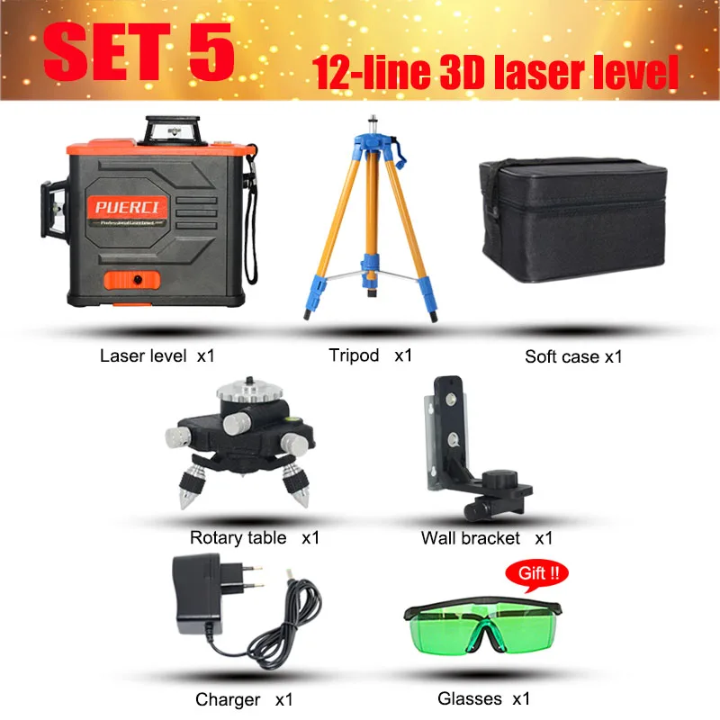 SET 5 PUERCI P6CG 12 линий 3D зеленый лазерный уровень самонивелирующийся 360 горизонтальный вертикальный крест супер мощный зеленый лазерный луч - Цвет: SET 5