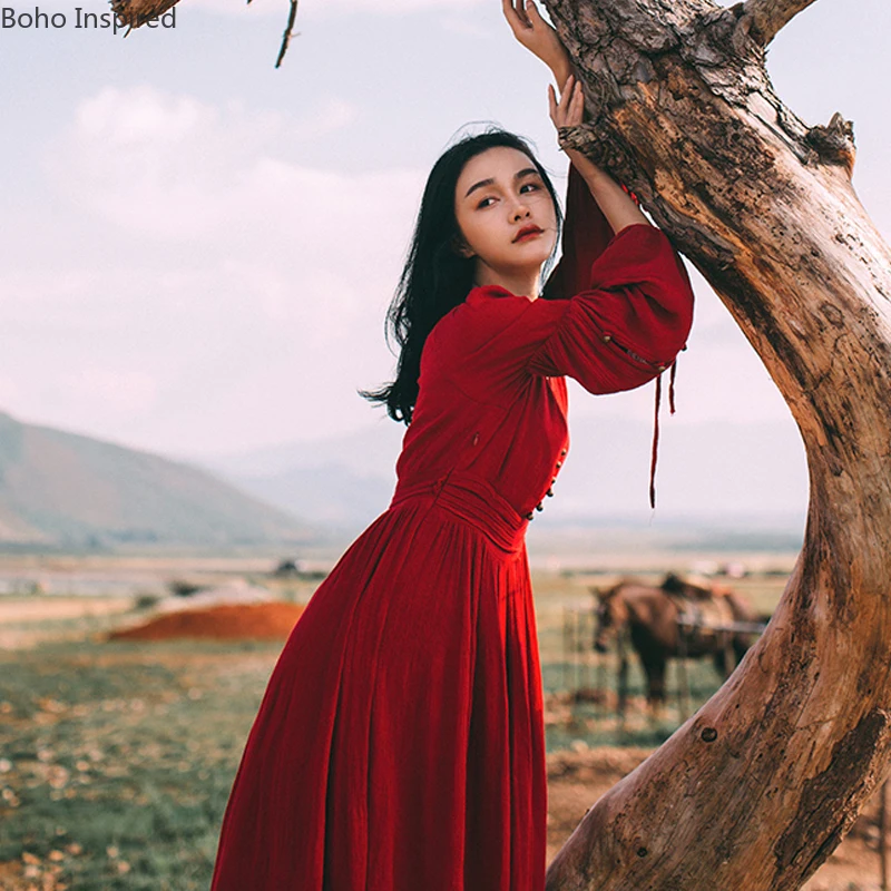 Женское винтажное платье бохо длинное хлопковое с треугольным вырезом и