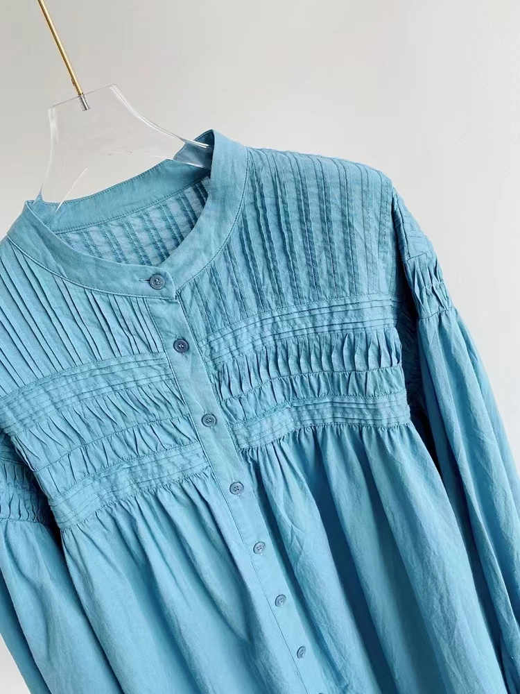 

Women Pleated Dress O-neck Loose Solid Color Single Breasted Female Casual Knee-length Dresses