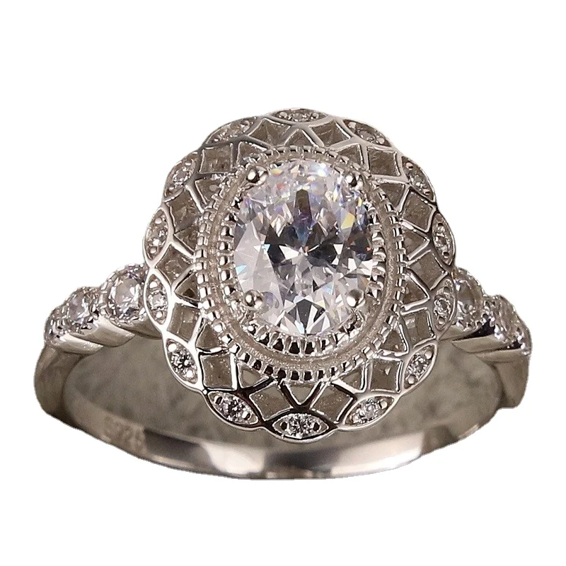 

S925 Sterling Silver Oval diamond ring with exaggerated design