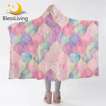 BLessliving Moroccan Pink Hooded Blanket Microfiber Sherpa Blanket Watercolor Wearable Blanket European Luxury Throw Mantas 1