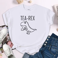 funny little dinosaur holding a teacupa cartoons print womens tshirts summer clothes female casual tops
