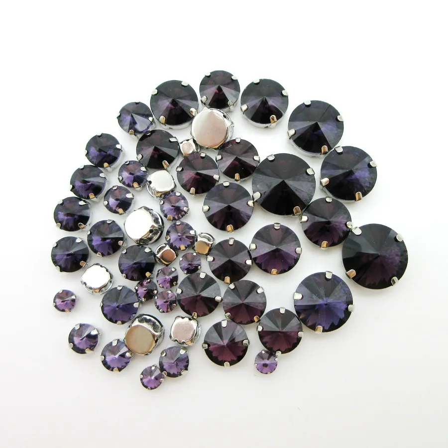 

Amethyst crystal glass mix Rivoli round shape 7 sizes silver claw flatback sew on rhinestone wedding dress bags accessories trim