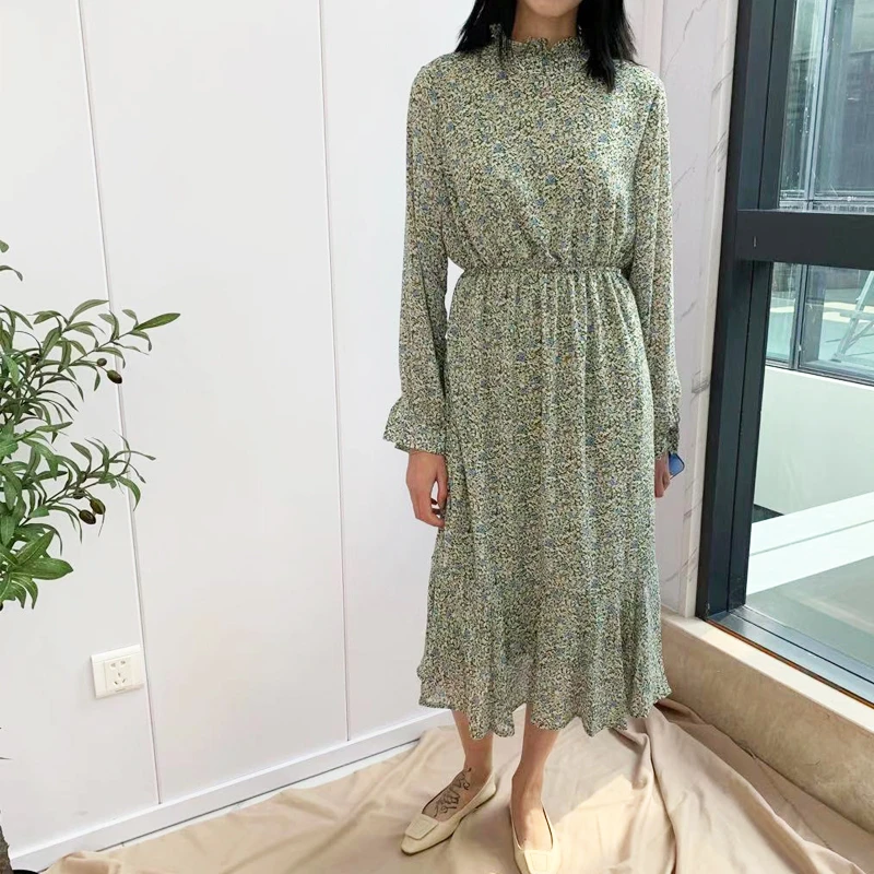 Платье миди женское с цветочным принтом милое корейское платье длинным рукавом и