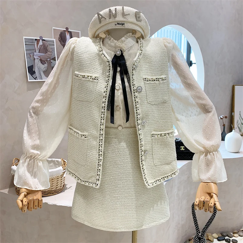 

New Women's Clothing 2021 Autumn French Suit Tweed Vest Jacket + Shirt + Skirt Three-piece Suit