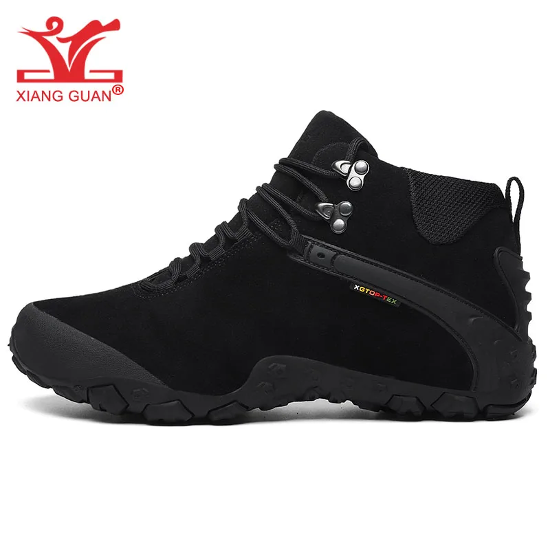 XIANG GUAN Hiking Boots Men Womens Waterproof Mountain Shoe Black Sandy Cow Leather Mid Cut Ankle Outdoor Trekking Rock Climbing