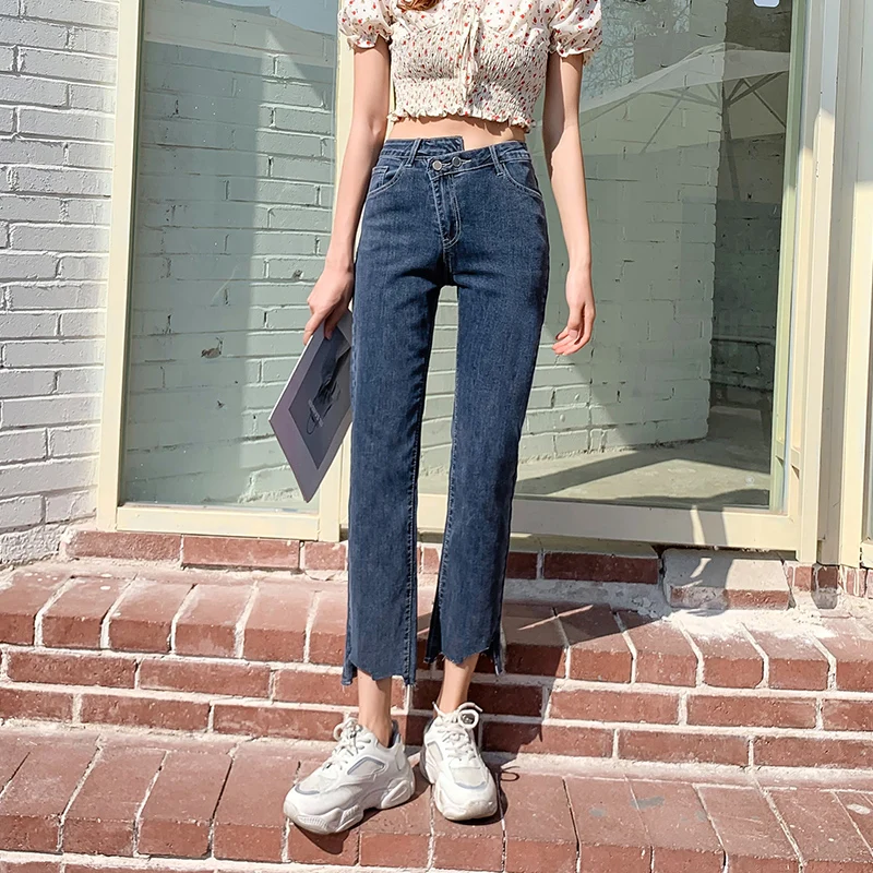 

TongSiHai Korean Version Jeans for Women Ladies High Waist Stretch Denim Pants Girls Students Personality Irregular Streetwear