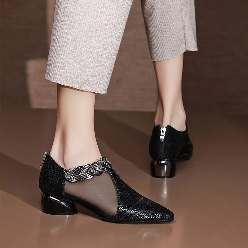 

2021 Spring/Summer Women's Mesh Shoes,Block Low Heels,Rhinestone Pointed Toe,Back Zip,GREY,BLACK,Free Dropshipping BA-03