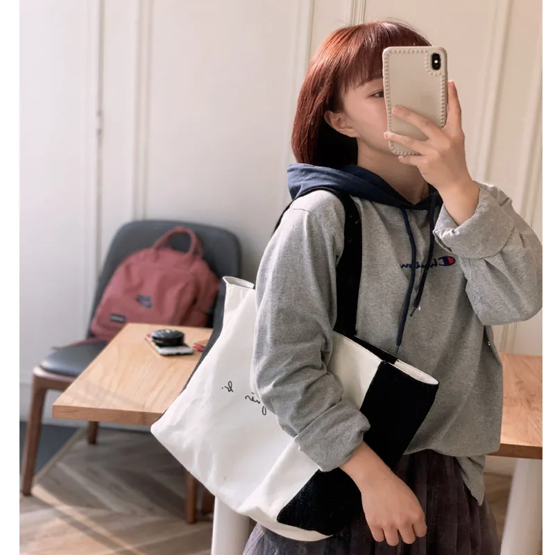 

College Students Double-sided Tote Bags Fashion Bag Women's Shoulder Bag Simple Style Fresh Large Capacity Portable Canvas Bag's