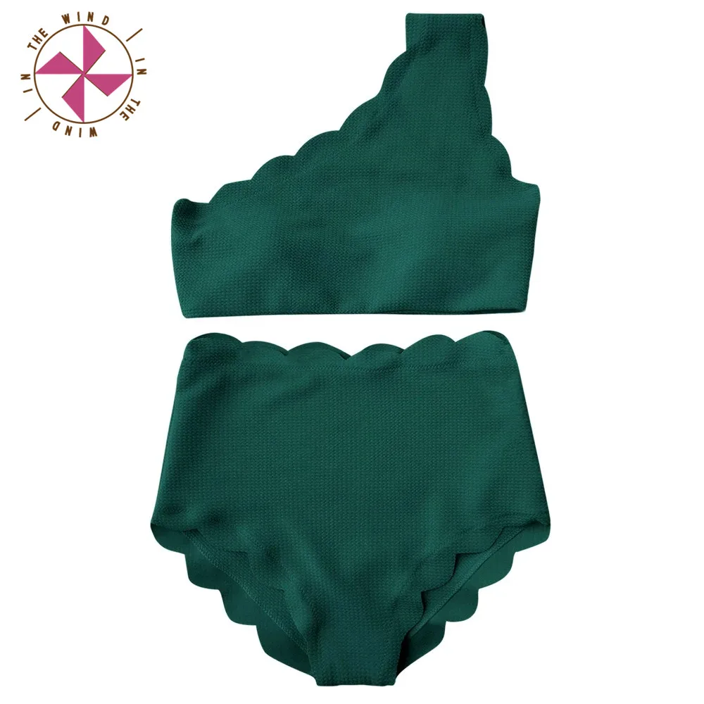 In The Wind New Solid Women's High Waist Scalloped Flounced Trim One Shoulder Swimsuit | Two-Piece Suits