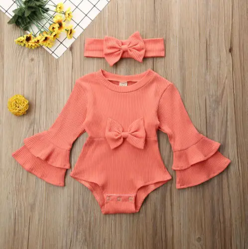

0-24months Newborn Baby Girls Knitted Romper Flare Sleeve Ruffle Bowknot Bodysuit with Headband Autumn Clothes Set