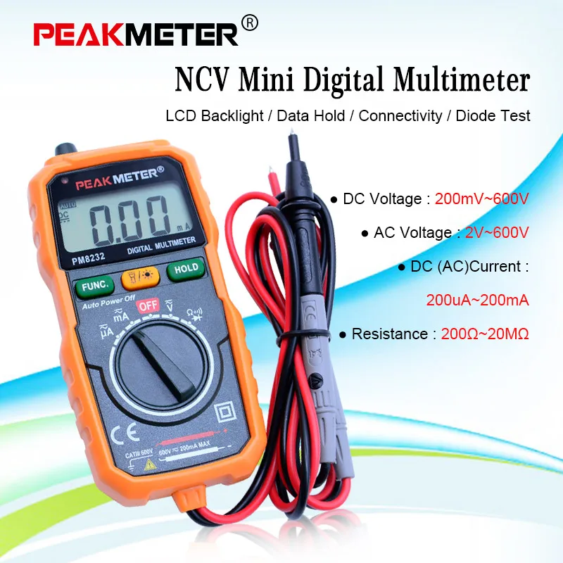 PEAKMETER Бесконтактный мини цифровой мультиметр PM8232 DC AC Напряжение Ток Тестер удержания данных Амперметр Портативный измеритель напряжения