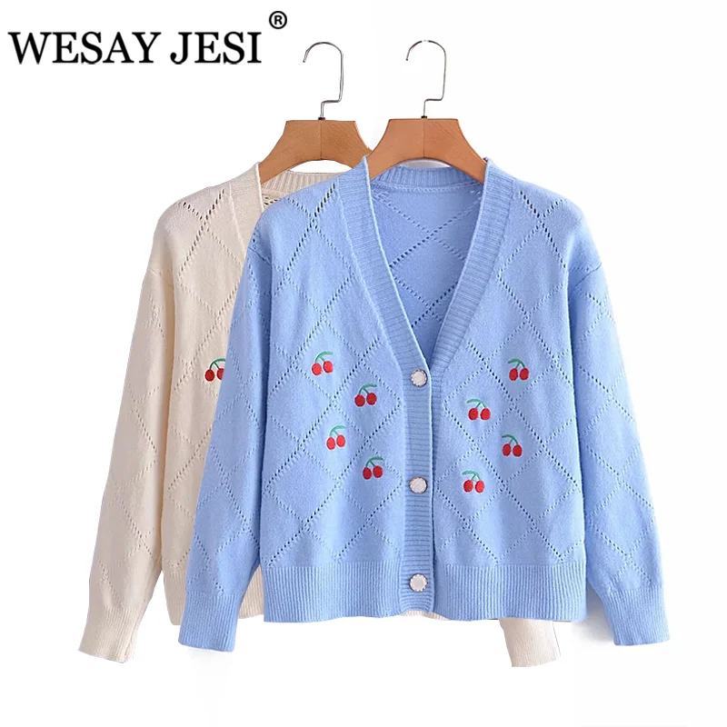 

WESAY JESI Women Clothing Cardigan TRAF ZA Cherry Embroidery Cardigan 2021 Long Sleeve Single Breasted Contrast Knitted Sweaters