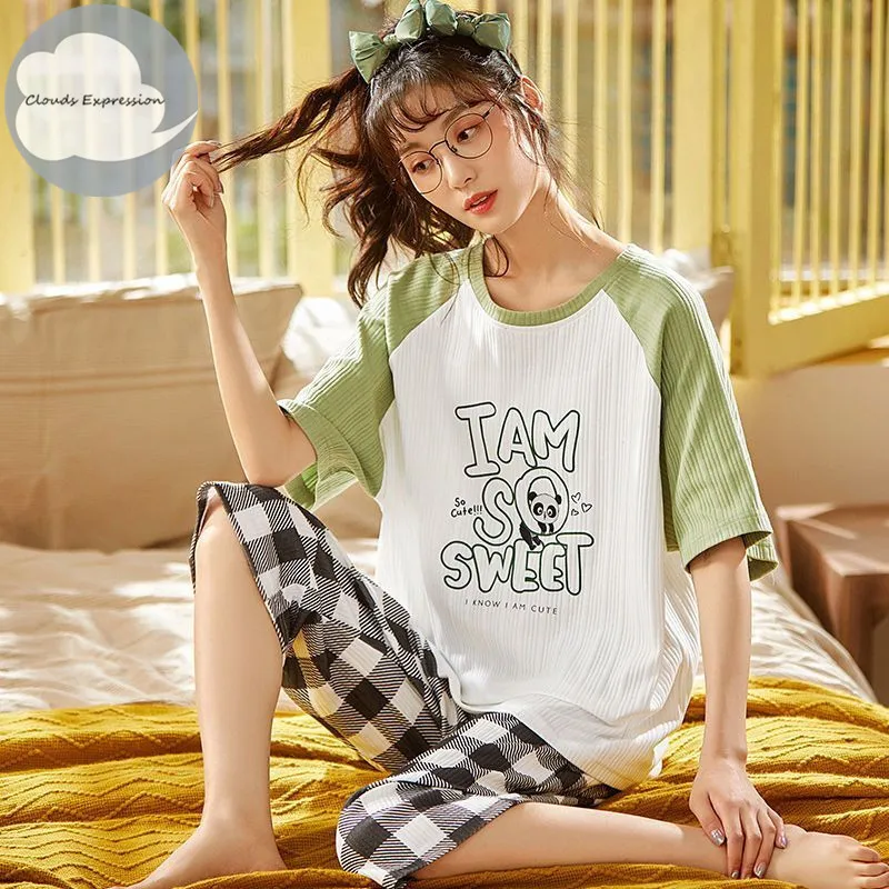 

Summer Knitted Cotton Cartoon Pajamas Sets Women Pyjamas Sleepwear Nightwear Pijama Mujer Plus Size Calf-Length Pants Homewear