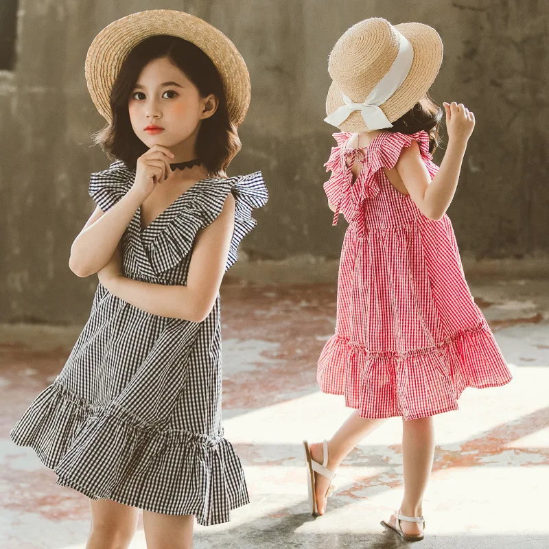 

2020 New Arrival Summer Kids and Teenager Girls V-neck Plaid Dress Children Sleeveless Beach Dress Girls Summer Clothes, #8667