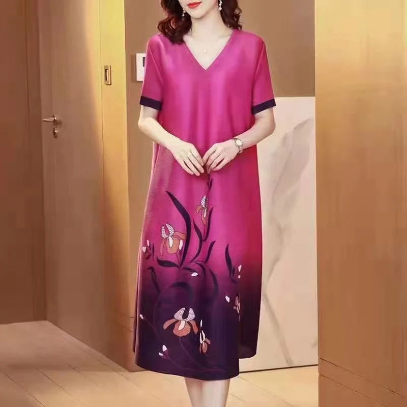 

CHICEVER Pullover Print Dress For Women V Neck Short Sleeve Loose Hit Color Loose Mid Dresses Female Fashion Clothing 2021 Style