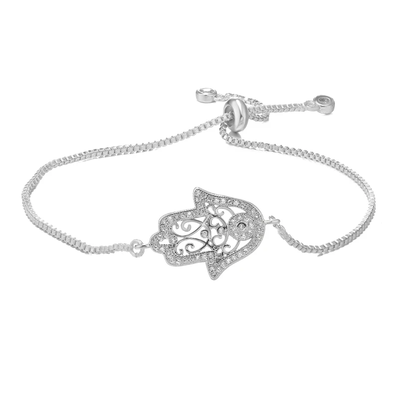 White Gold Juya Хамса Браслеты микро проложить Циркон регулируемые веревки цепи браслеты «Фатима» подходят для женщин мужчин турецкий подарок ювелирные изделия - Окраска металла: White Gold