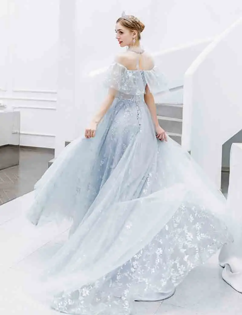 

Customized Silver Evening Party Dress Short Sleeve Luxury Bridal Wedding Formal Long Dress For Lady Plus Size 6XL