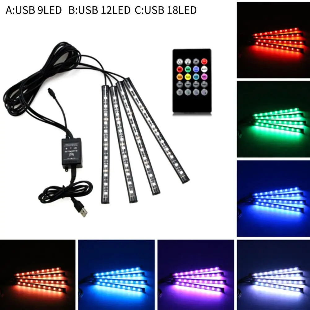 

5V 1 to 4 18led Car USB Atmosphere Light 5050 Remote Control Voice RGB Colorful Foot LED Auto Interior Neon Ambient Lights