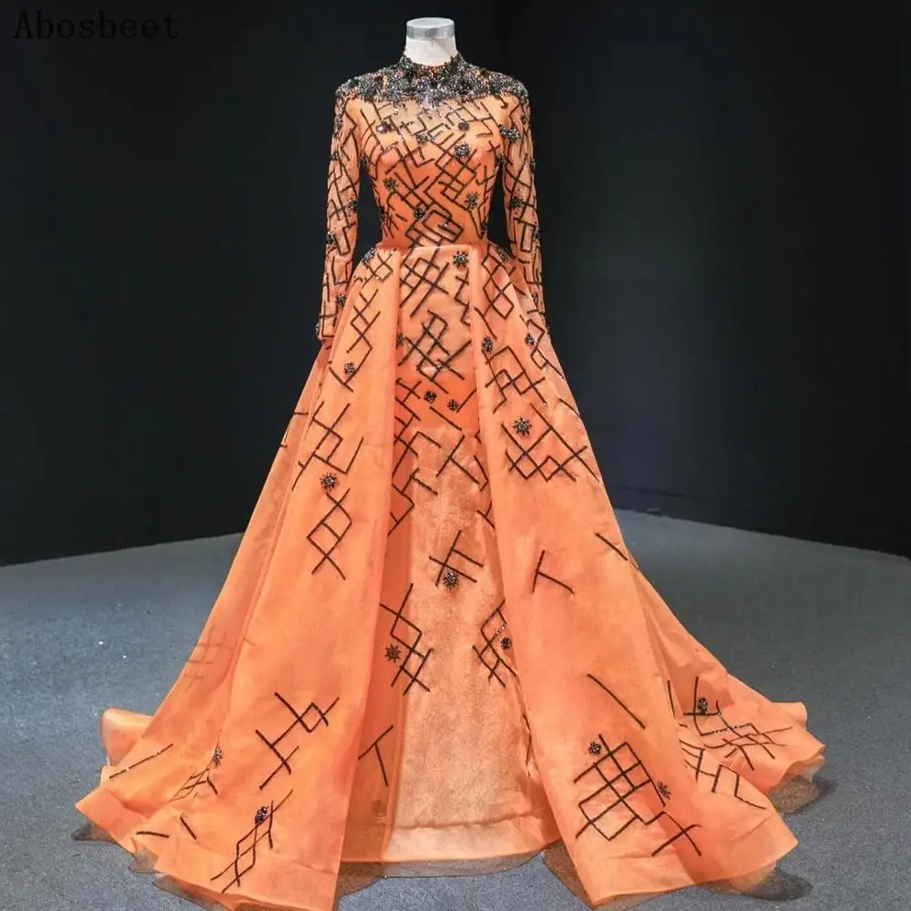

DD JYOY Orange Long Sleeve Evening Dress New Fashion Black Beading High Neck A Line Evening Gown Elegant Formal Dress