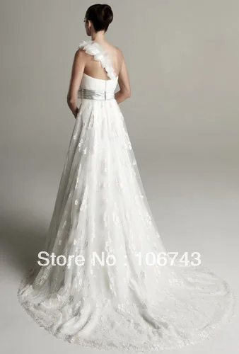 free shipping 2016 white new style Sexy bride wedding Custom size lace flowers sashes one shoulder bridal long dress | Свадьбы и