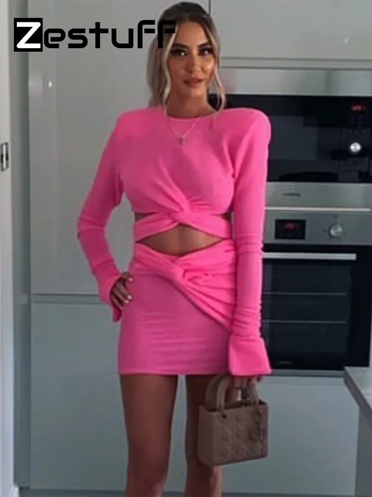 

Zestuff Pink Dress O-Neck Hollow Out Crop Top And Bell Sleeve Mini Skirts Suits Fall Clothes 2 Piece Sets Womens Outfits Winter