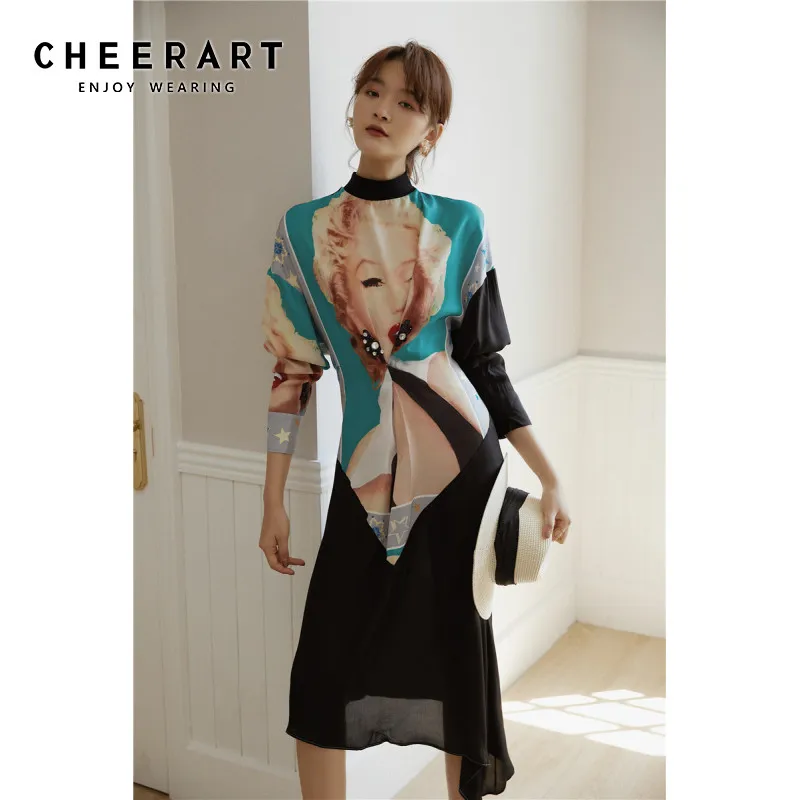 CHEERART осень 2019 женские платья лоскутный Портрет Печать водолазка дизайнерское