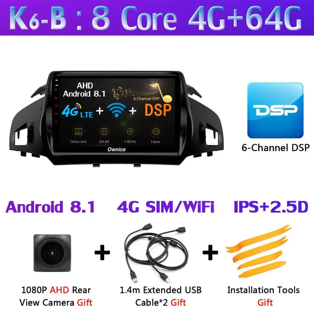 K6-B Панорамная камера 360 ° 4G SIM WiFi Android 9,0 4G+ 64G SPDIF DSP CarPlay Автомобильный плеер для Ford Kuga 2013- C-Max gps радио - Цвет: K6-B