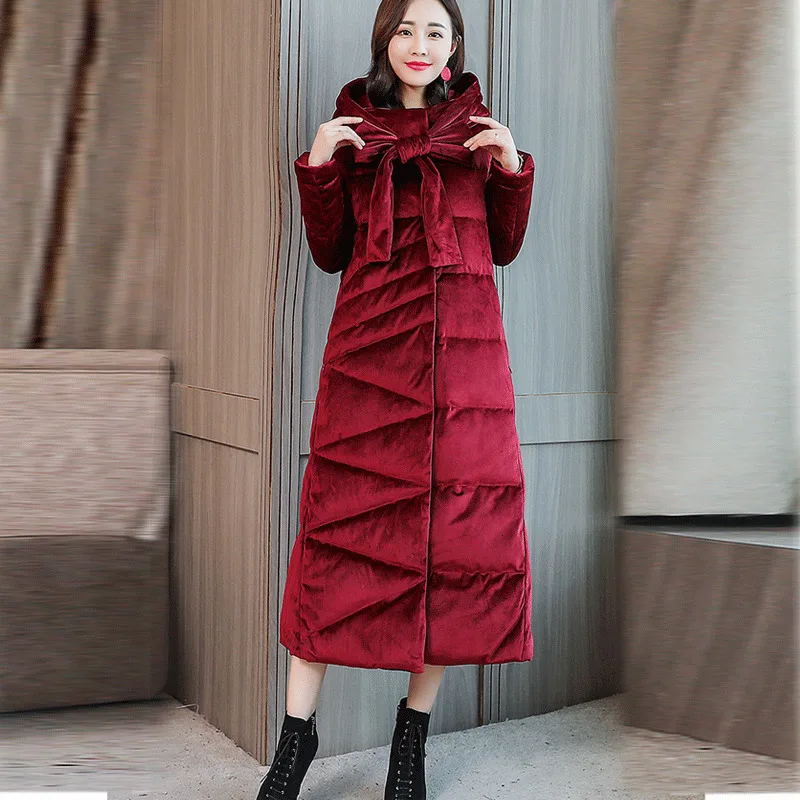 

down cotton Warm Winter Coat Women Long Parka gold velvet Bow Solid color thick Korean fashion Hooded Coat Women Winter Jacket